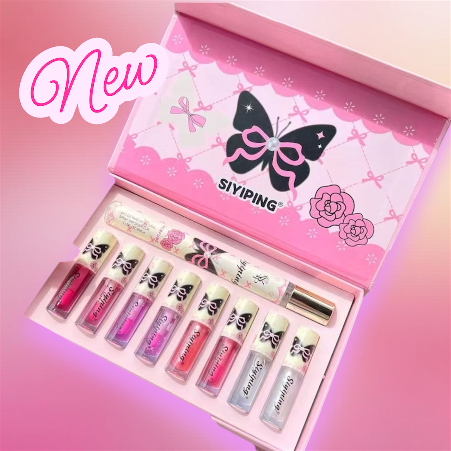 Set Mariposa 8 Lip Gloss + Perfume Bolsillo